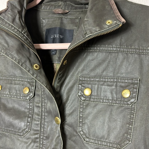 J. Crew Dark Olive Waxed Cotton Field Jacket Snap Button Zipper Down size Small - Picture 4 of 12